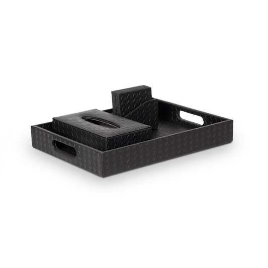 Leather Tray Set with Tissue Box & Coasters Black