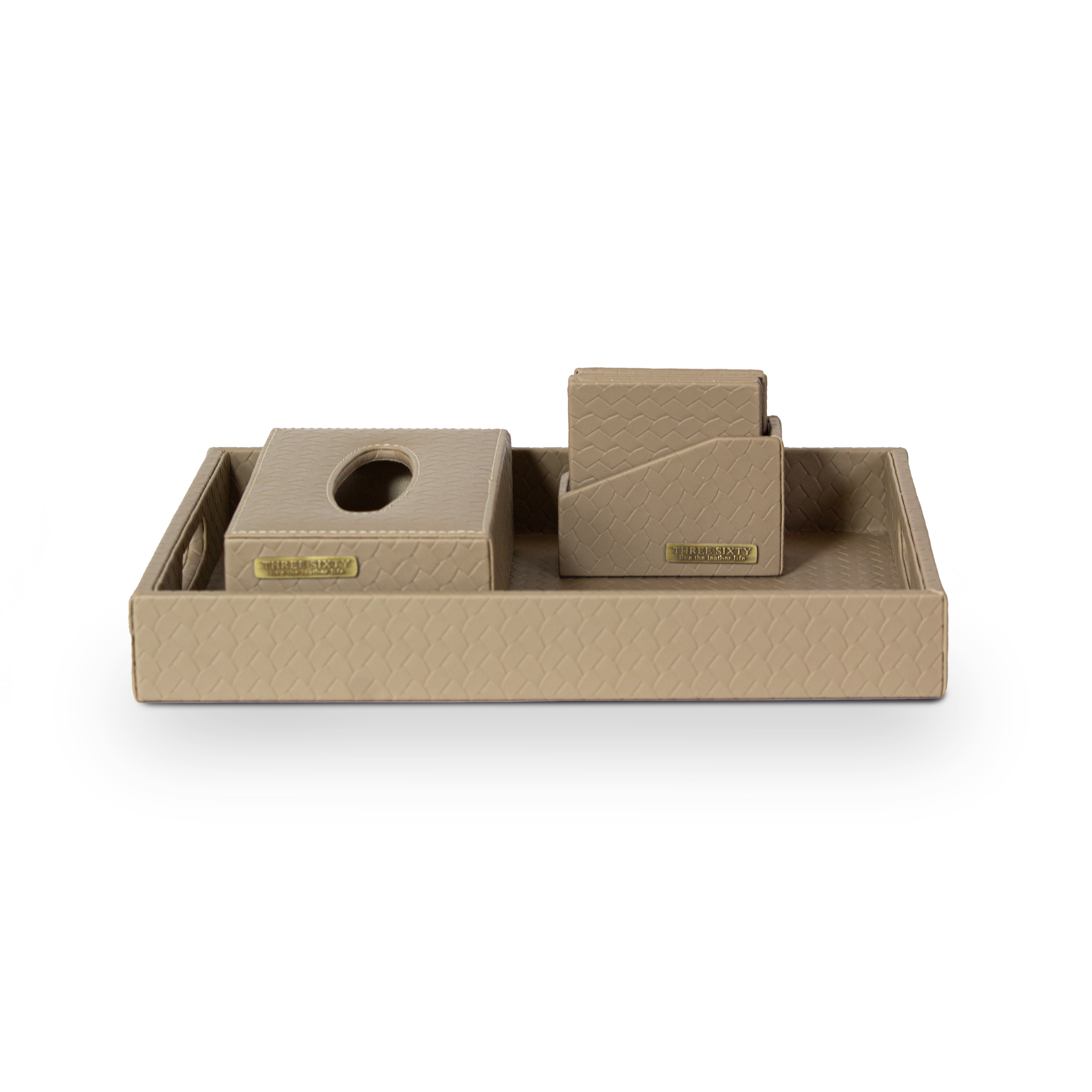 Entwine Leather Tray Set with Tissue Box & Coasters Beige