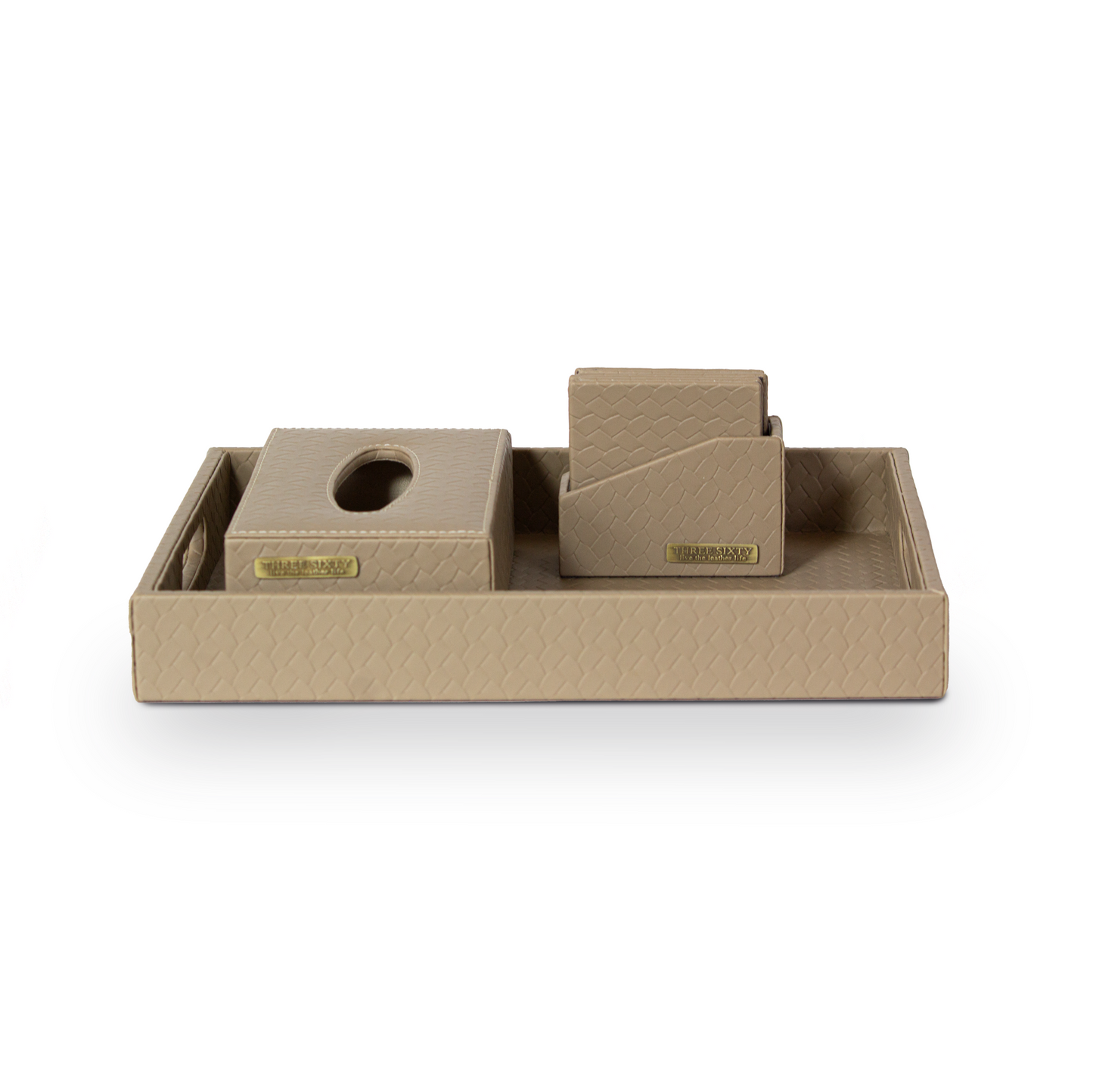Leather Tray Set with Tissue Box & Coasters Beige