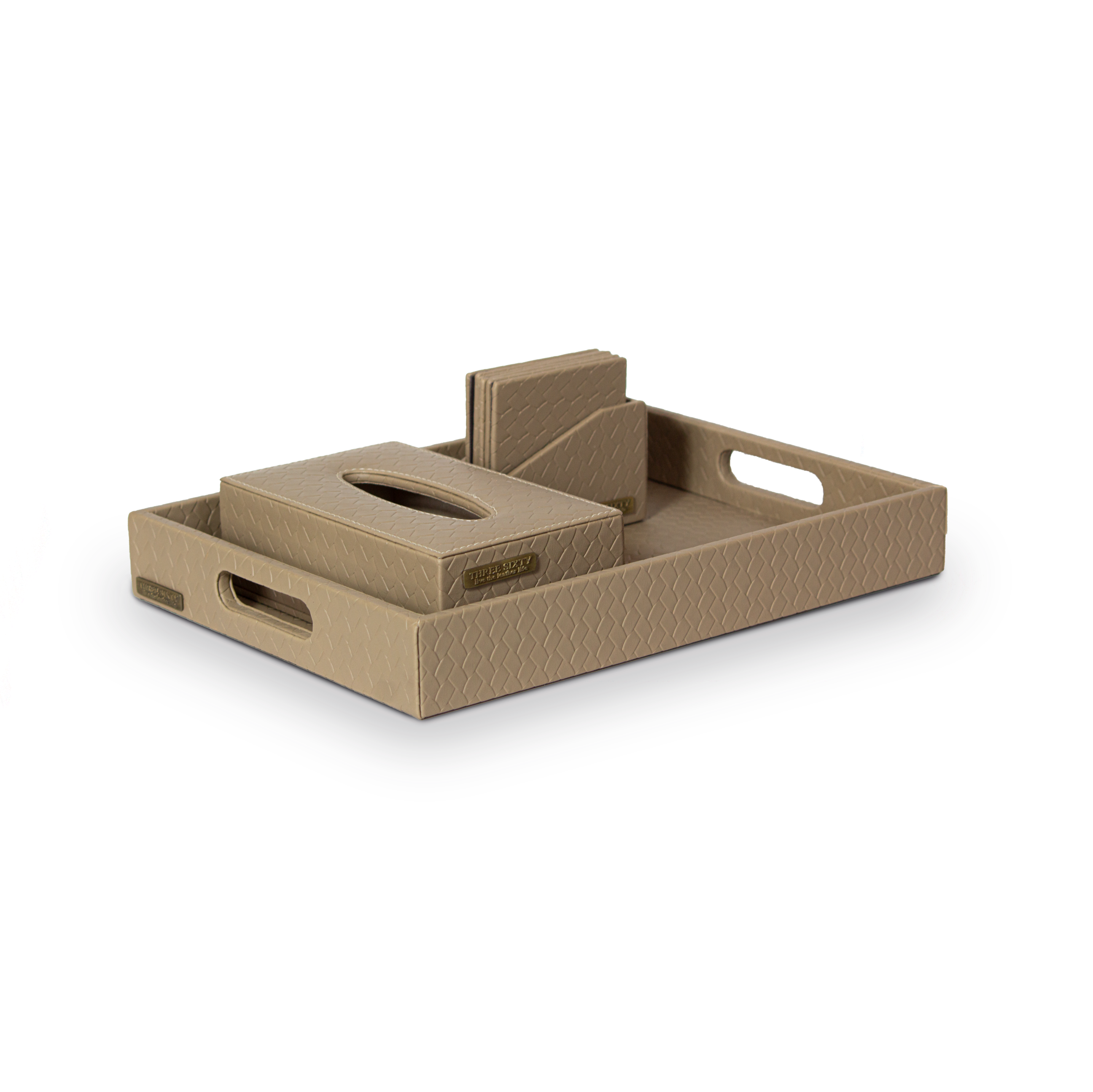 Entwine Leather Tray Set with Tissue Box & Coasters Beige