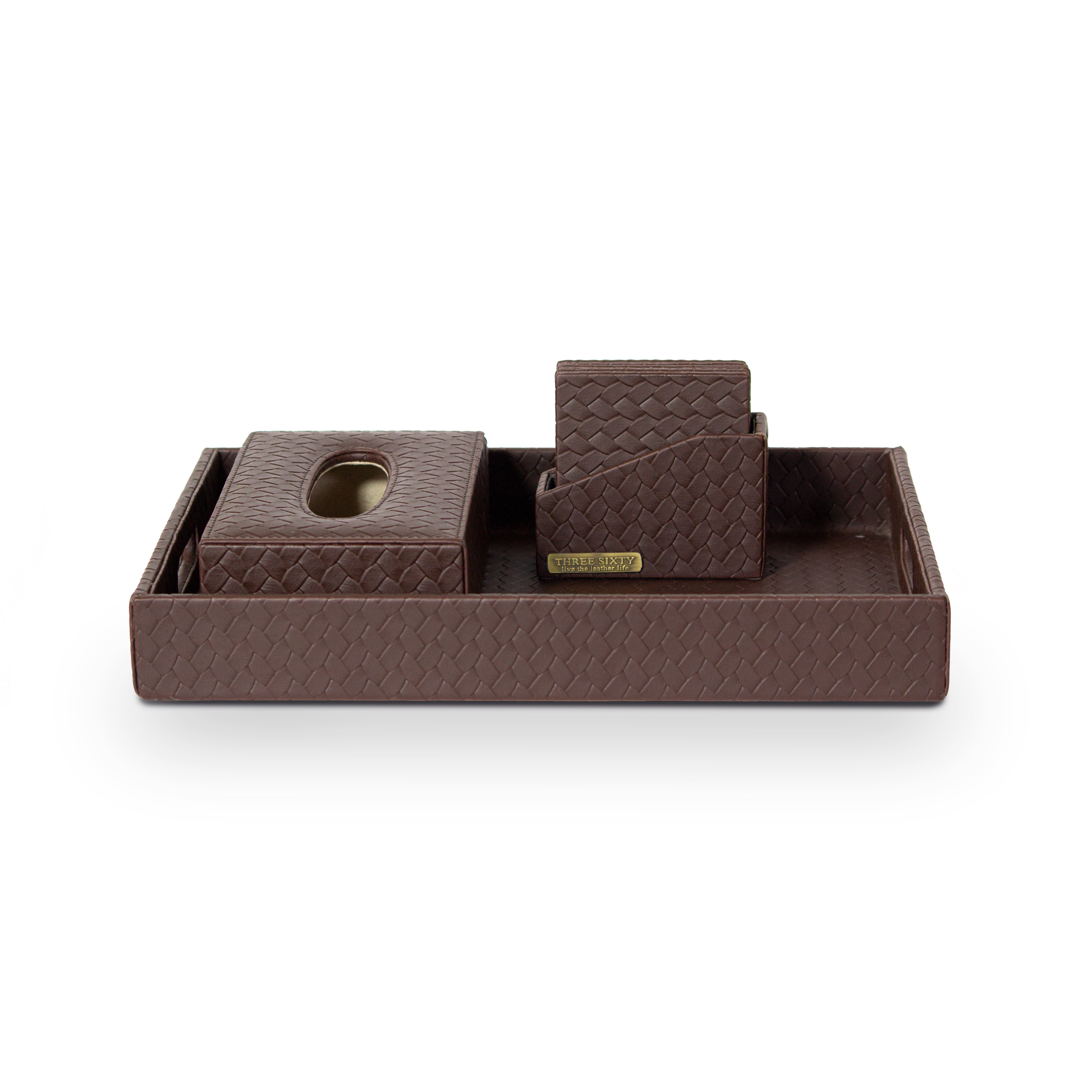 Entwine Leather Tray Set with Tissue Box & Coasters Brown