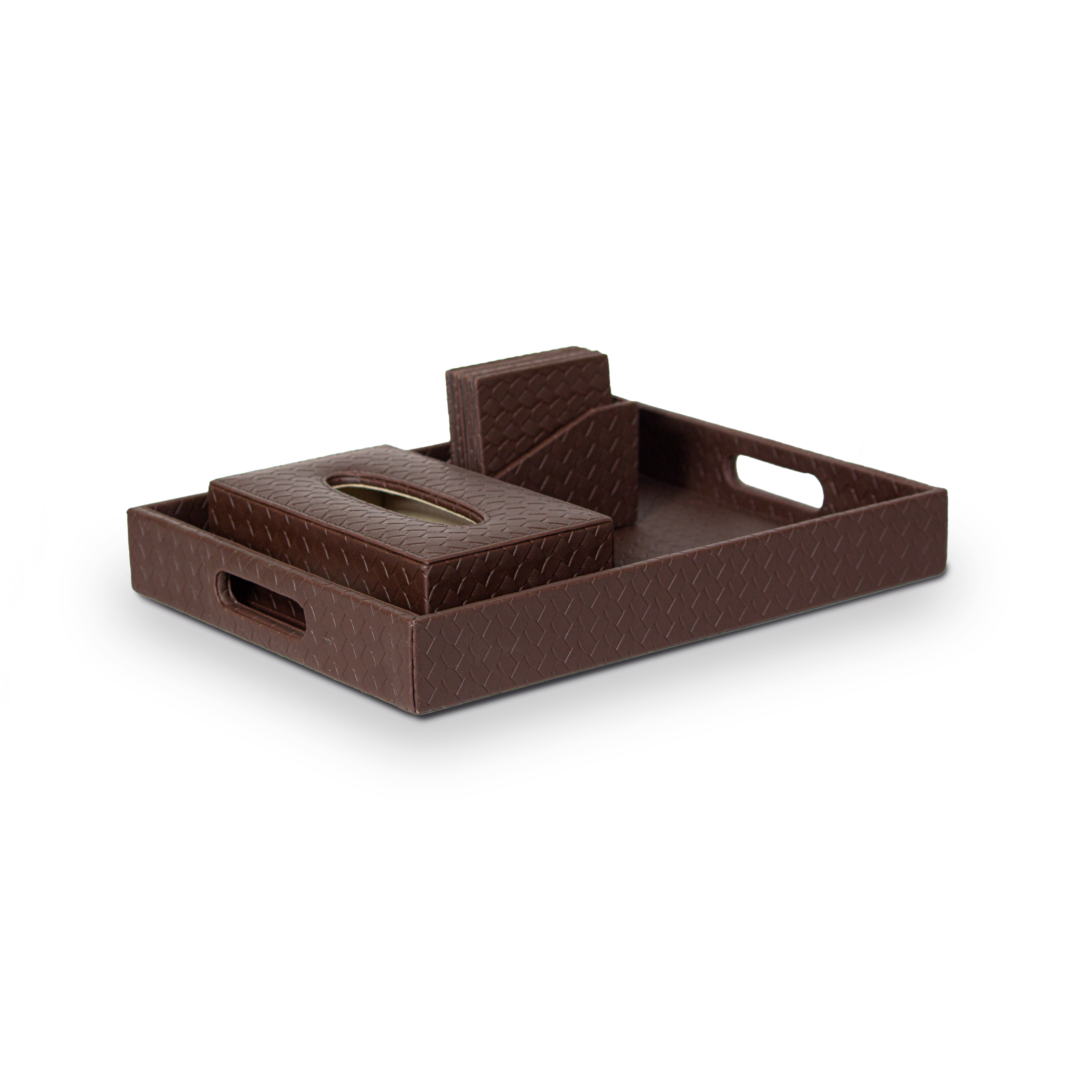 Entwine Leather Tray Set with Tissue Box & Coasters Brown