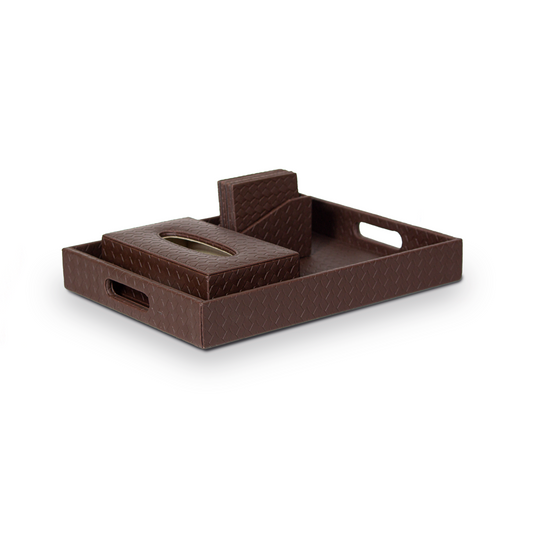 Leather Tray Set with Tissue Box & Coasters Brown