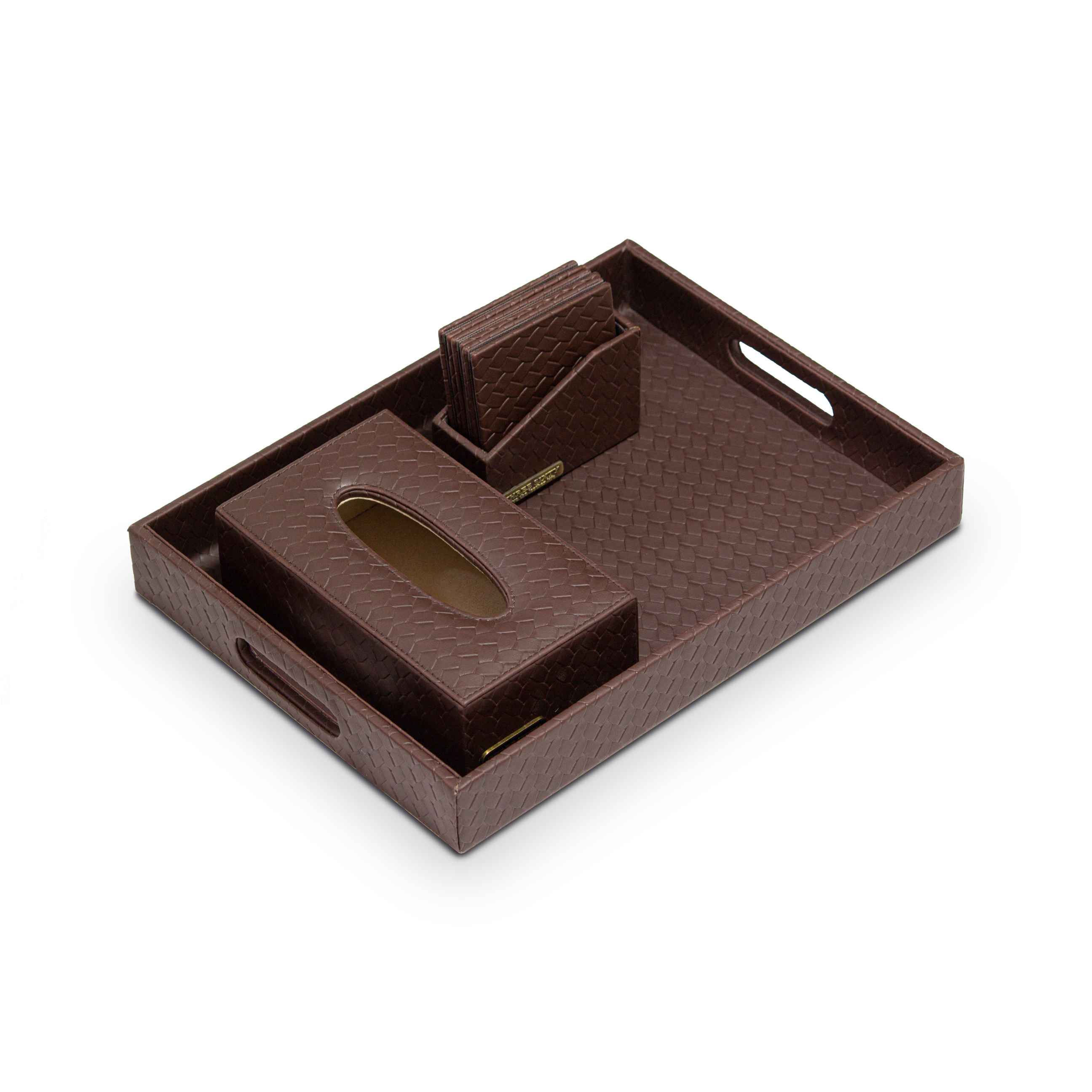 Entwine Leather Tray Set with Tissue Box & Coasters Brown