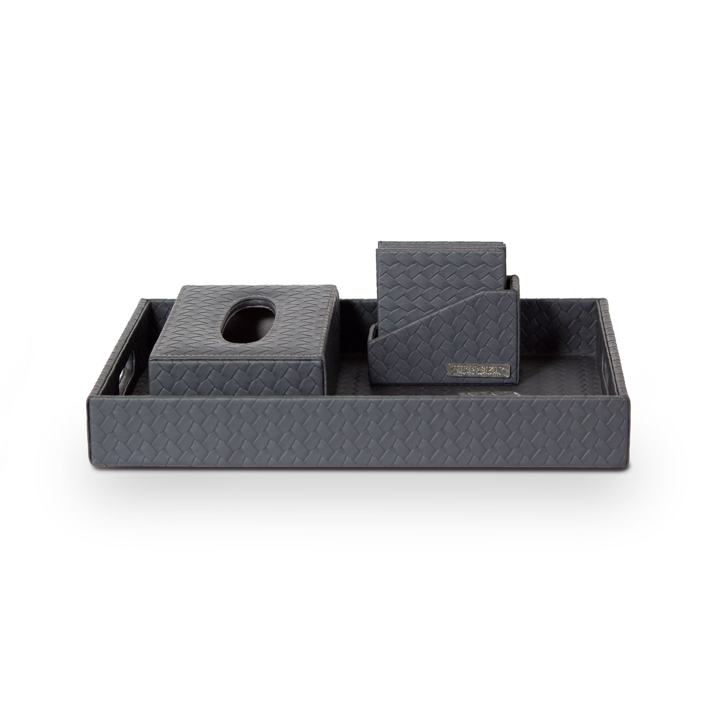 Leather Tray Set with Tissue Box & Coasters Grey