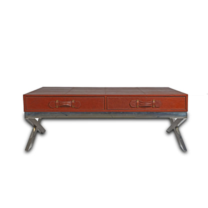 Genuine Leather Centre Table With Two Pull Out Drawers In Brown Colour