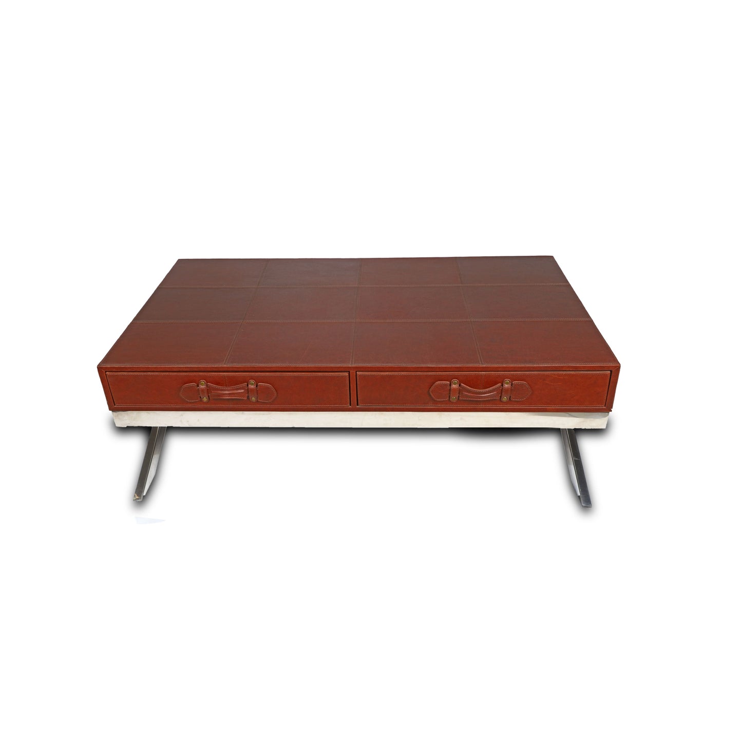 Genuine Leather Centre Table With Two Pull Out Drawers In Brown Colour