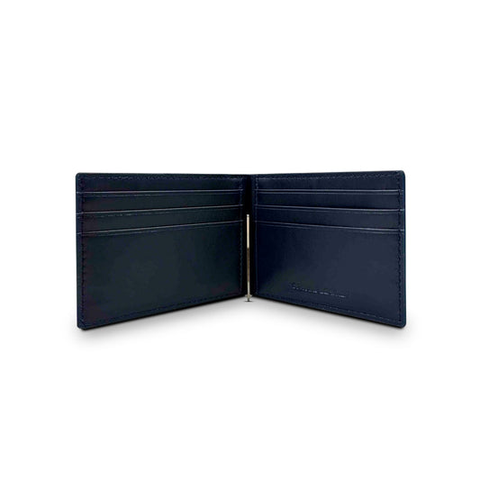 Genuine Leather Money Clip Wallet Navy Blue