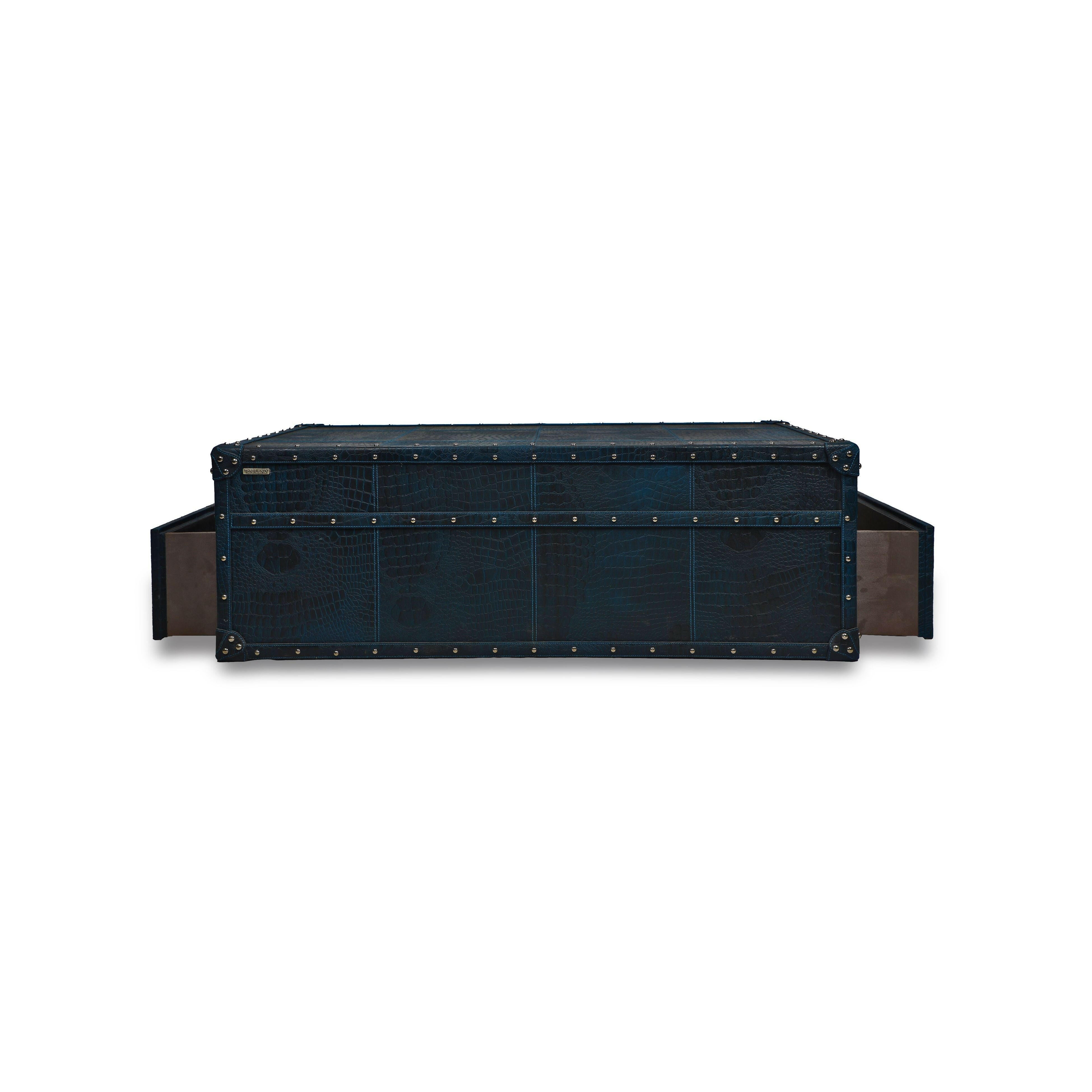 Handcrafted Genuine Leather Low Centre Table In Blue