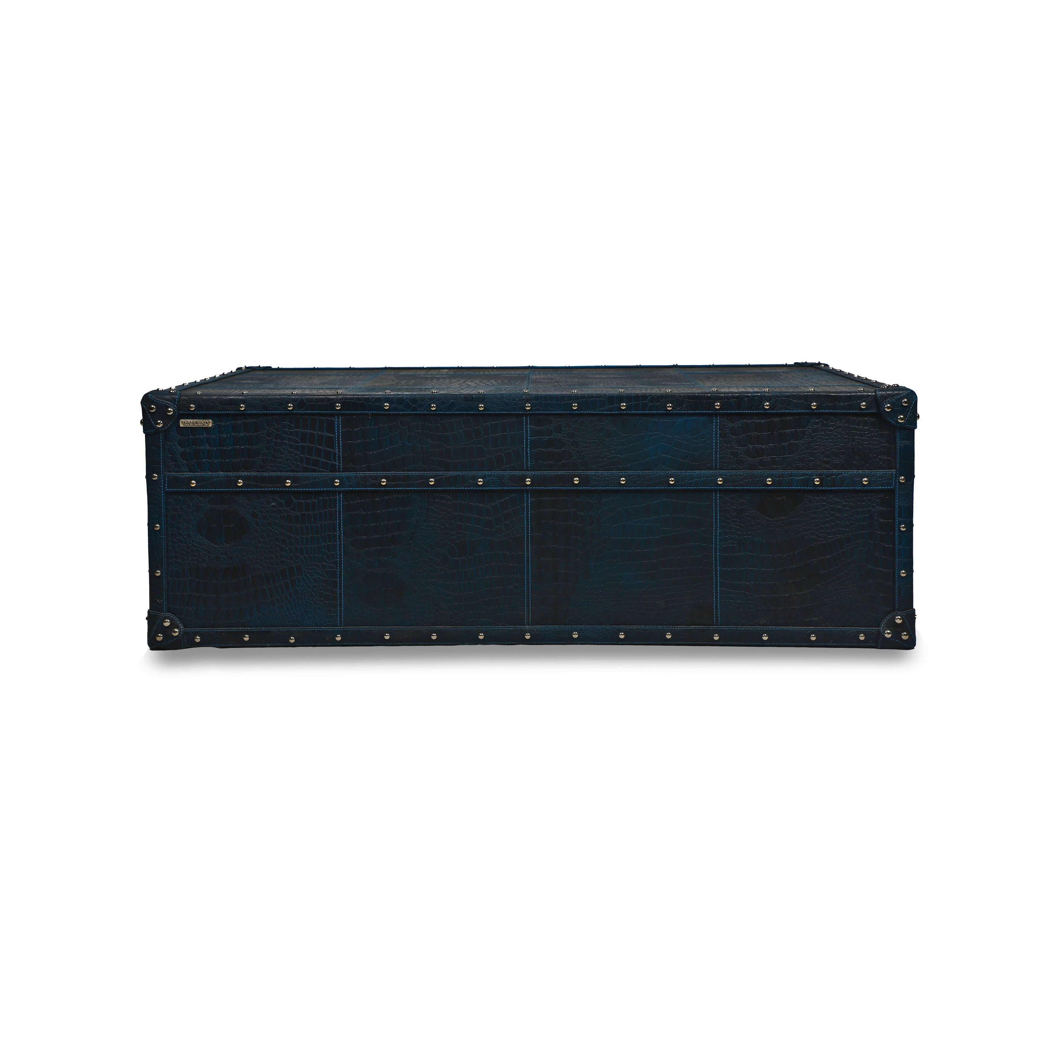 Handcrafted Genuine Leather Low Centre Table In Blue