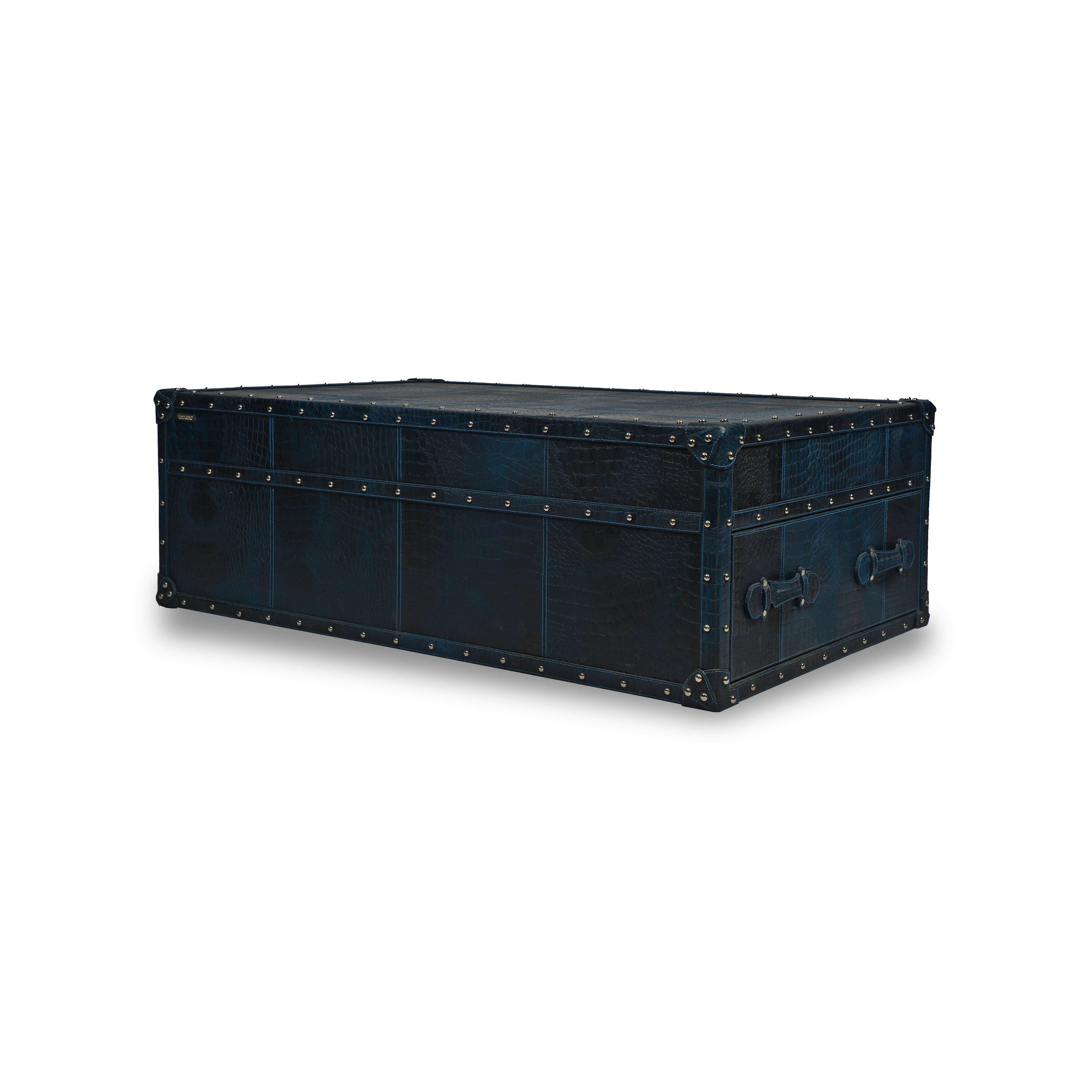 Handcrafted Genuine Leather Low Centre Table In Blue