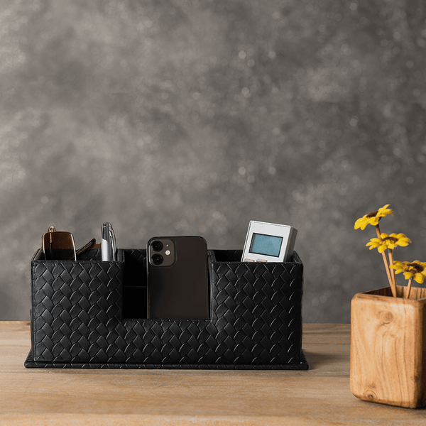 Desk Caddy Black | Faux Leather Desk Organizers – Three Sixty Leather