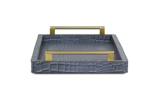 Grey Rectangular Tray In Genuine Croco Leather