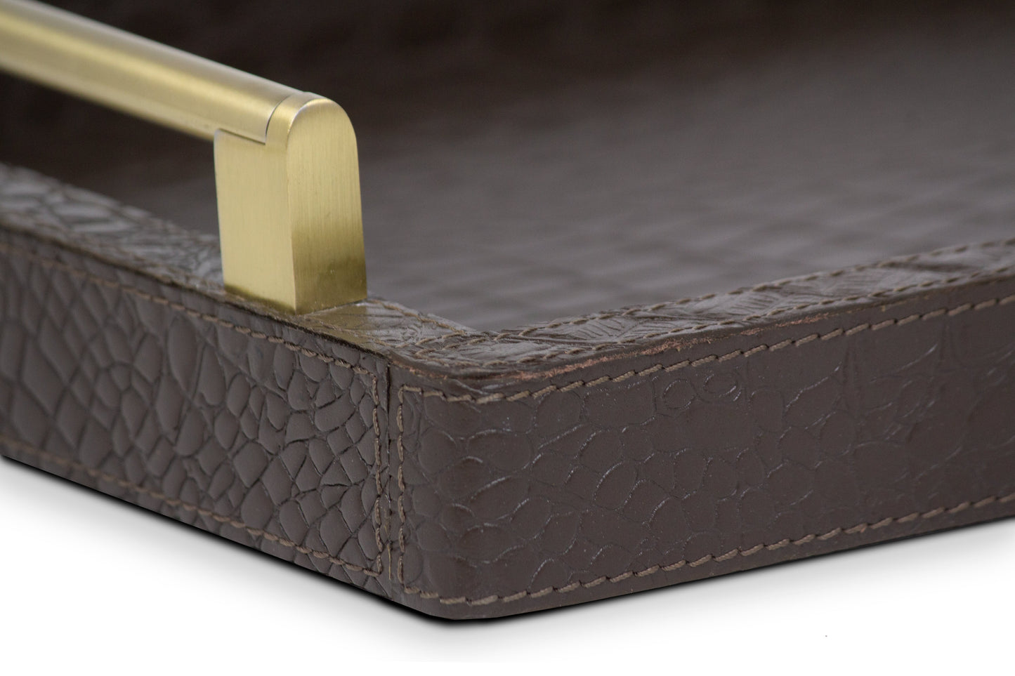 Brown Rectangular Tray In Genuine Croco Leather