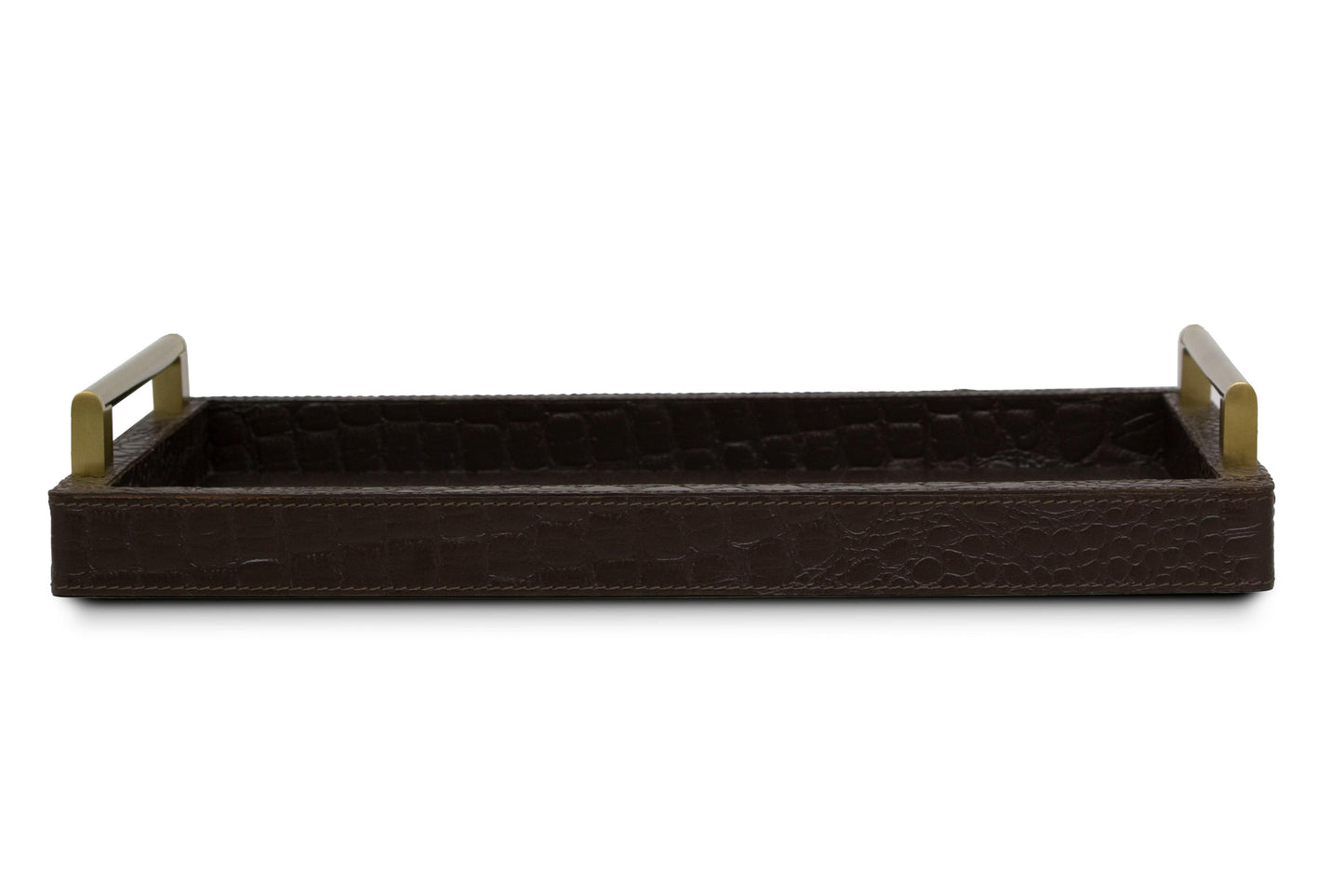 Brown Rectangular Tray In Genuine Croco Leather