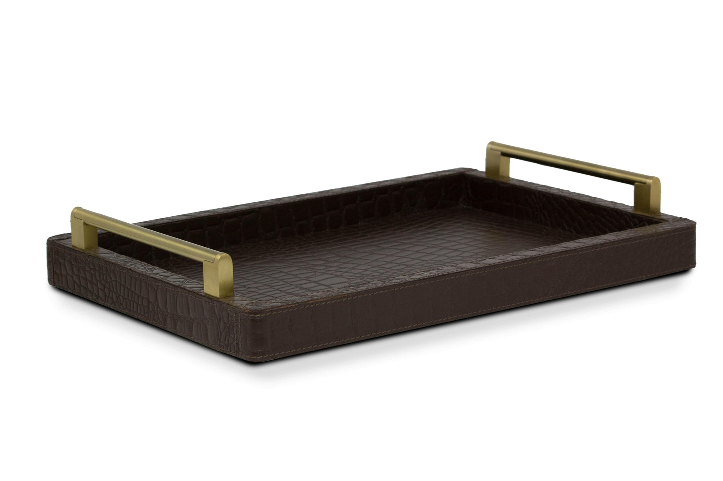 Brown Rectangular Tray In Genuine Croco Leather