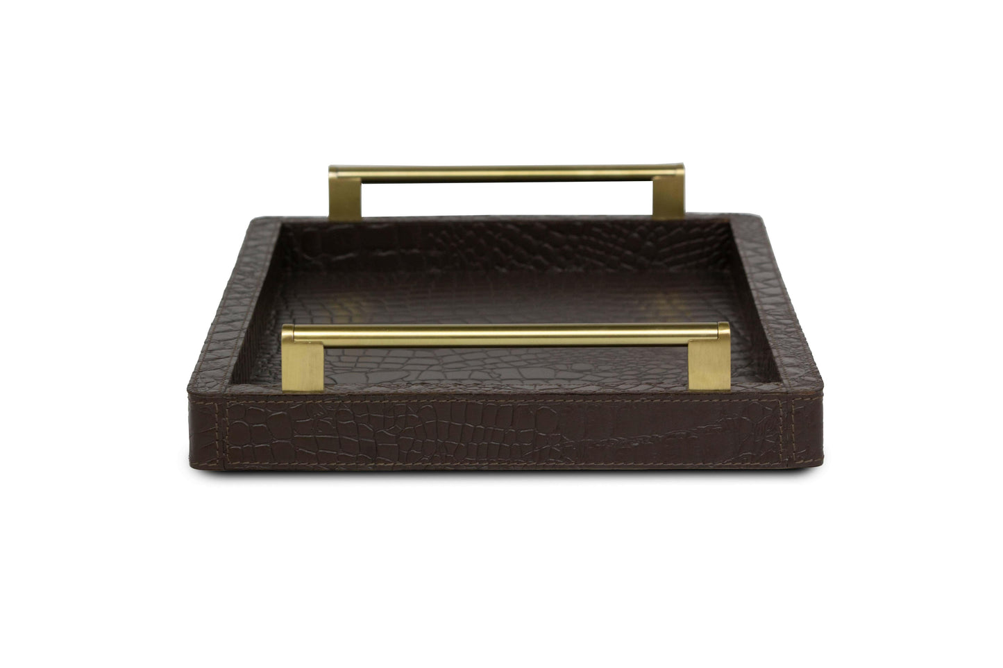 Brown Rectangular Tray In Genuine Croco Leather