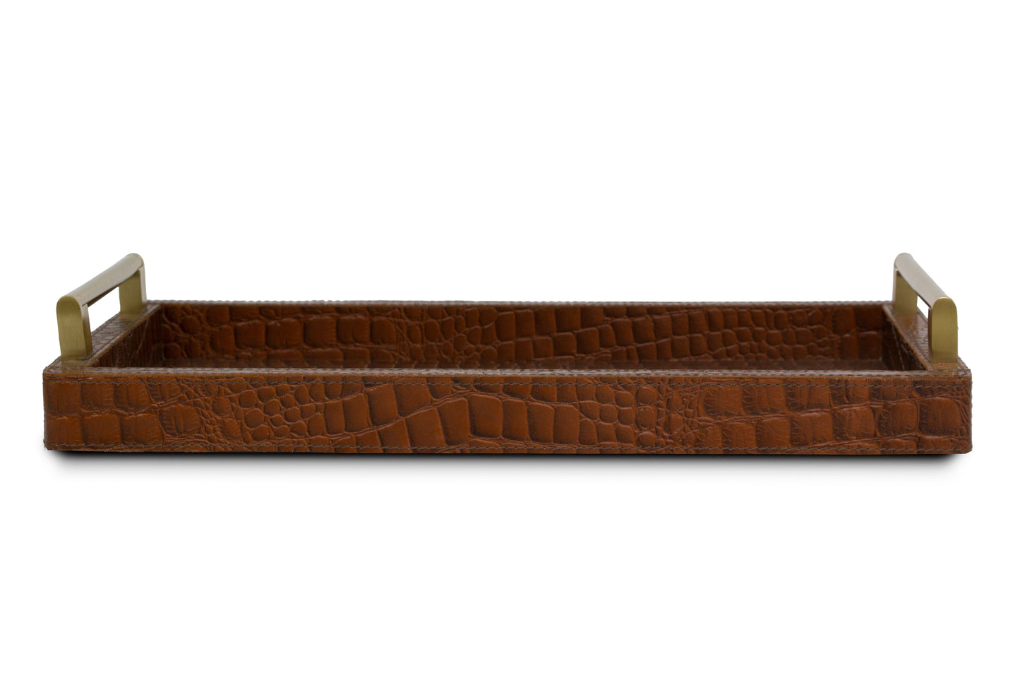 Tan Rectangular Tray In Genuine Croco Leather