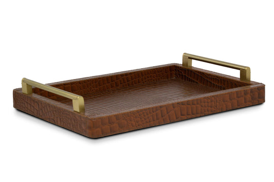 Tan Rectangular Tray In Genuine Croco Leather