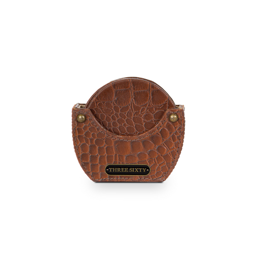 Tan Round Coaster Set of 4 In Genuine Croco Leather