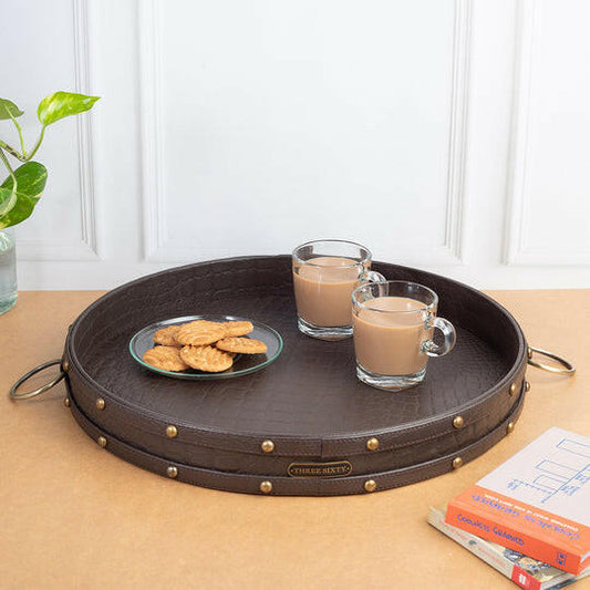 Round Tray In Genuine Croco Leather Brown