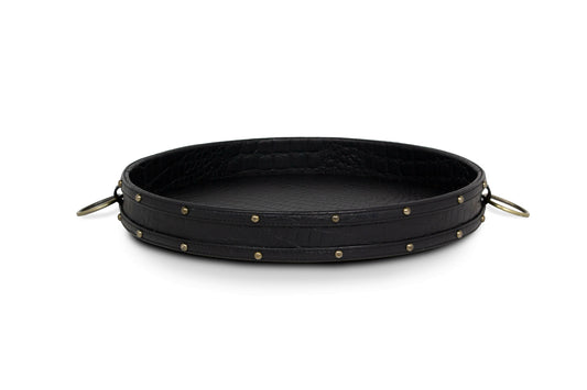 Round Tray In Genuine Croco Leather Black