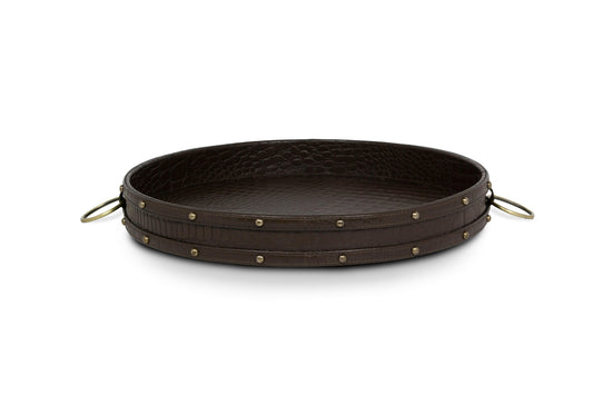 Round Tray In Genuine Croco Leather Brown