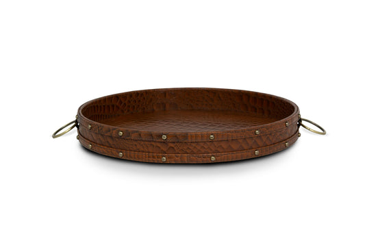 Round Tray In Genuine Croco Leather Tan