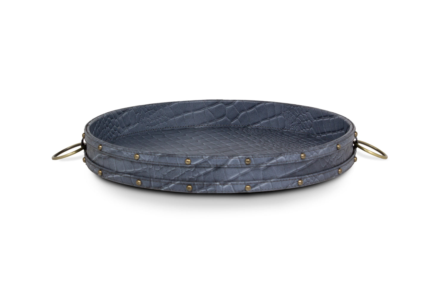 Round Tray In Genuine Croco Leather Grey
