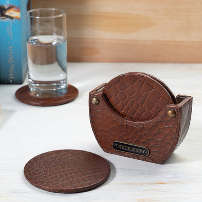 Tan Round Coaster Set of 4 In Genuine Croco Leather