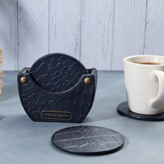 Black Round Coaster Set of 4 In Genuine Croco Leather