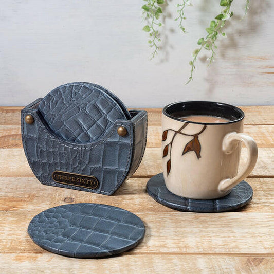 Grey Round Coaster Set of 4 In Genuine Croco Leather