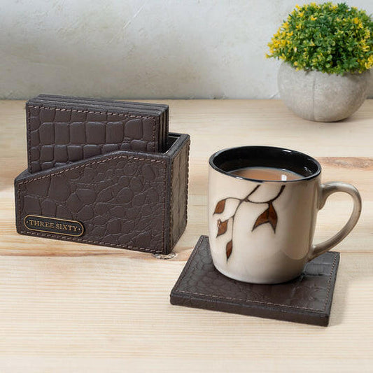 Coaster Set of 4 In Genuine Croco Leather Brown