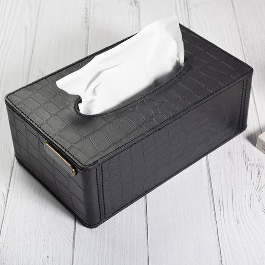 Tissue Box In Genuine Croco Leather Black