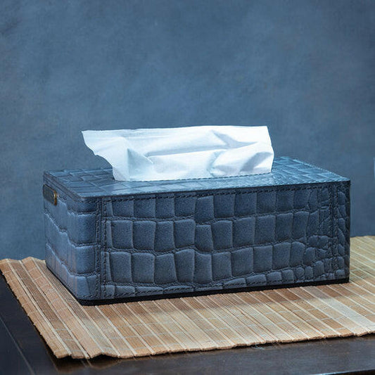 Tissue Box In Genuine Croco Leather Grey