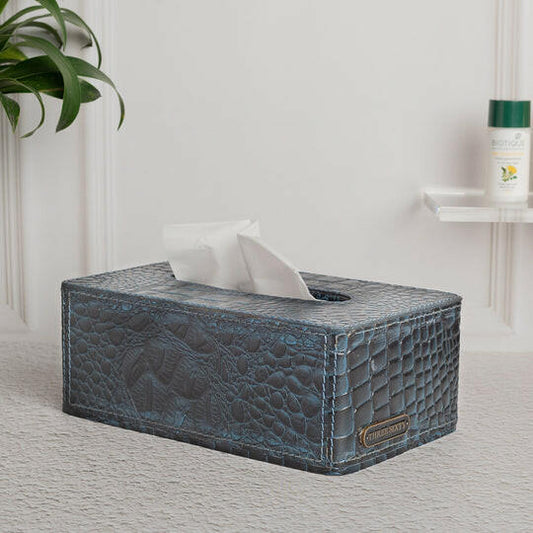 Tissue Box In Genuine Croco Leather Blue