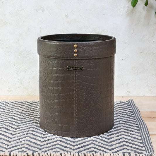Waste Bin In Genuine Croco Leather Brown
