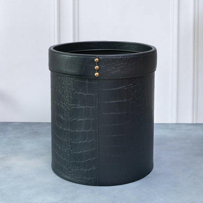 Waste Bin In Genuine Croco Leather Black