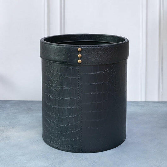 Waste Bin In Genuine Croco Leather Black